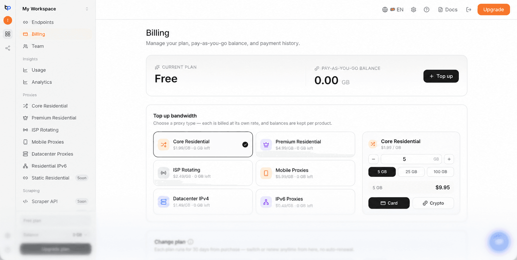 BuyProxy dashboard — plan, pay-as-you-go balance, and per-product bandwidth top-up